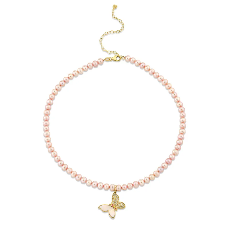 Gold & Diamond Wicked Glinda Inlay Butterfly Pearl Necklace made by Sydney Evan
