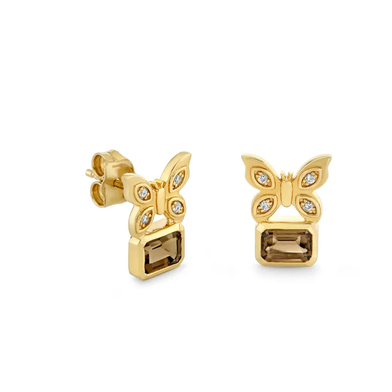 Gold & Diamond Butterfly Emerald Cut Quartz Stud made by Sydney Evan