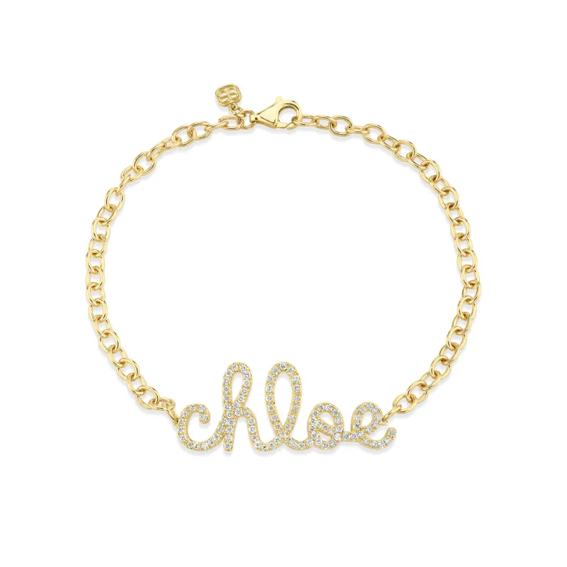 Gold & Diamond Large Custom Script Bracelet made by Sydney Evan