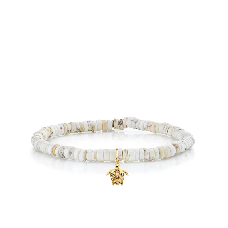 Gold & Diamond Small Turtle on White Turquoise Heishi made by Sydney Evan
