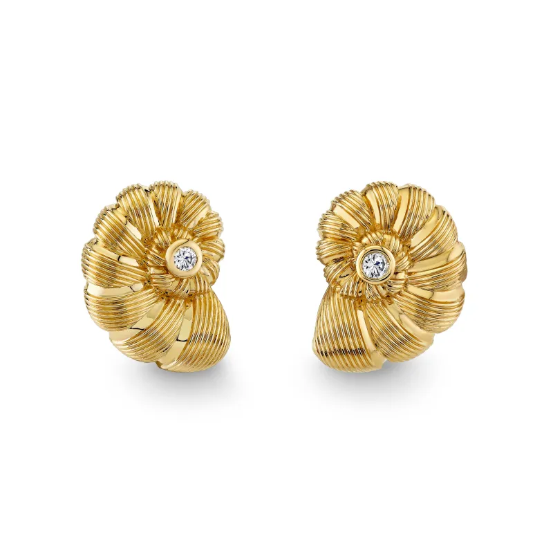 Gold & Diamond Large Nautilus Shell Studs made by Sydney Evan