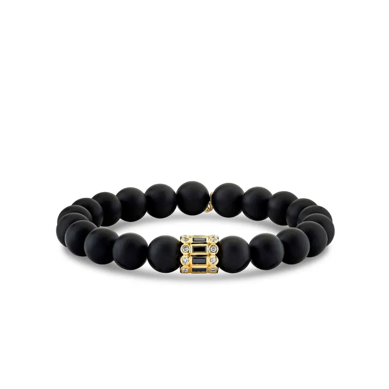 Gold & Black Diamond Stacked Baguette & Bezel Rondelle on Onyx made by Sydney Evan