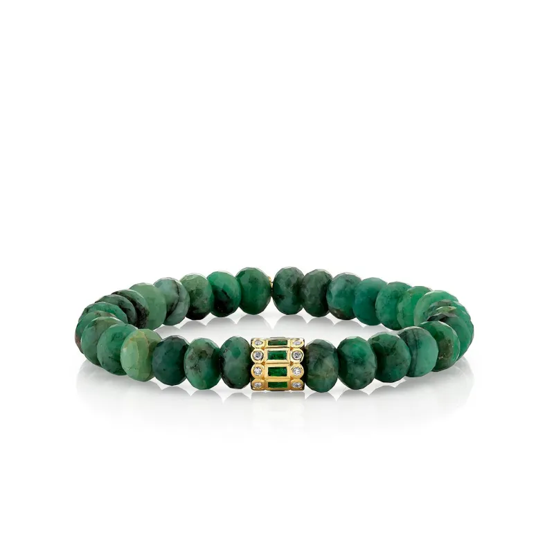 Gold & Emerald Stacked Baguette & Bezel Rondelle on Emerald made by Sydney Evan