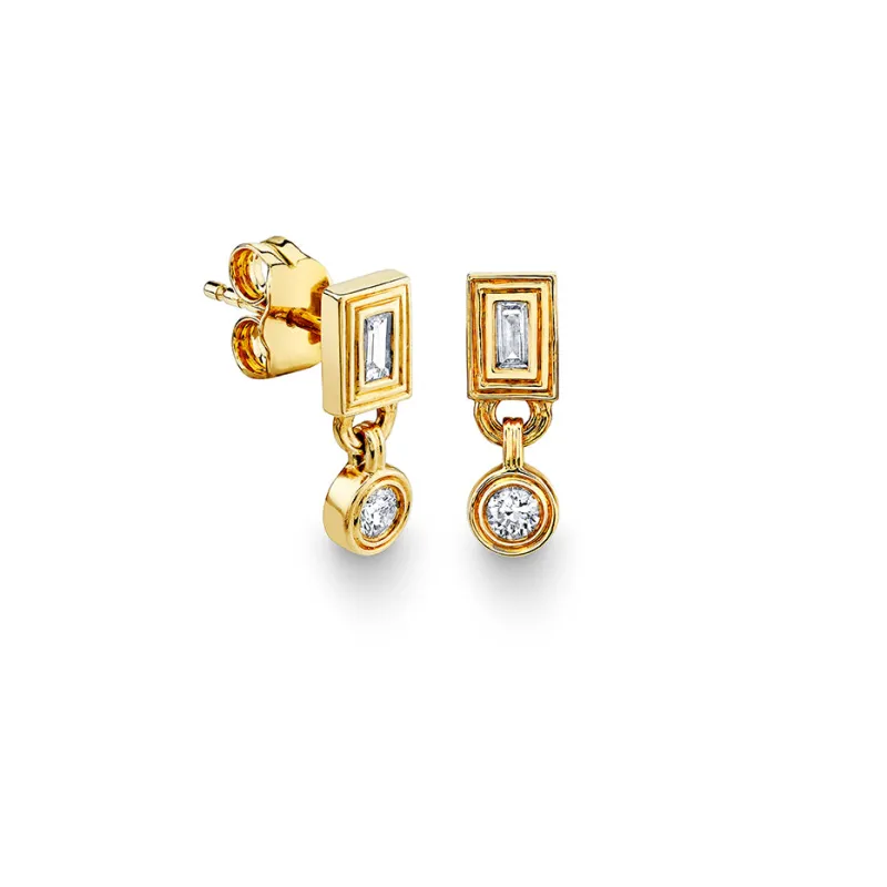 Gold & Diamond Fluted Baguette & Round Drop Earring made by Sydney Evan