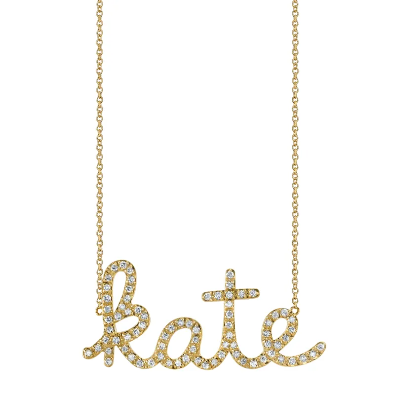 Gold & Diamond Large Custom Script Necklace made by Sydney Evan