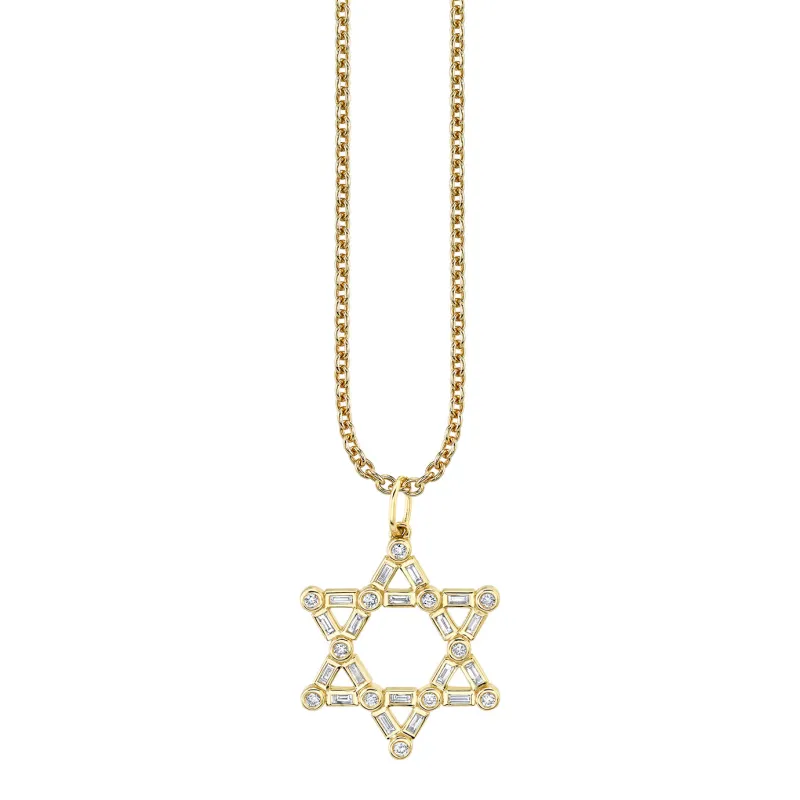 Gold & Diamond Baguette and Round Bezel Star of David Charm made by Sydney Evan