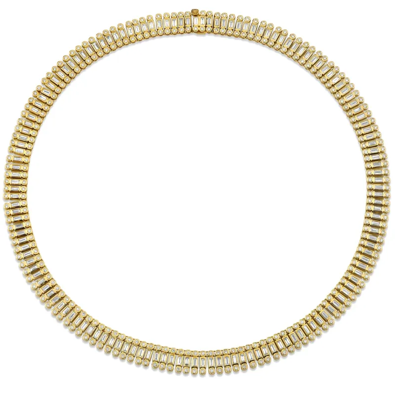 Gold & Diamond Stacked Baguette and Round Bezel Necklace made by Sydney Evan