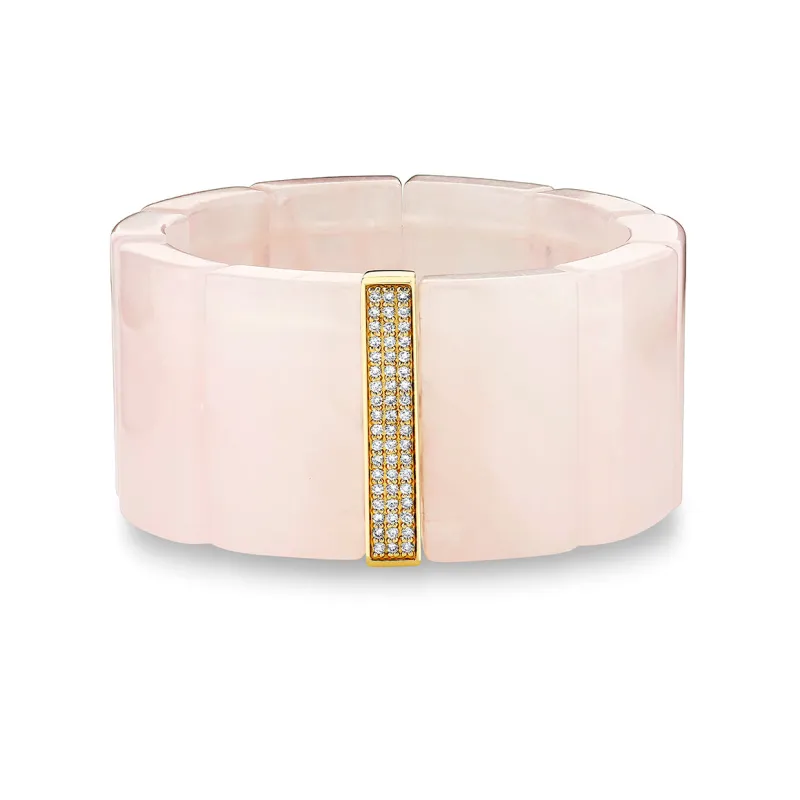 Gold & Diamond Large Three Row Spacer On Rose Quartz made by Sydney Evan