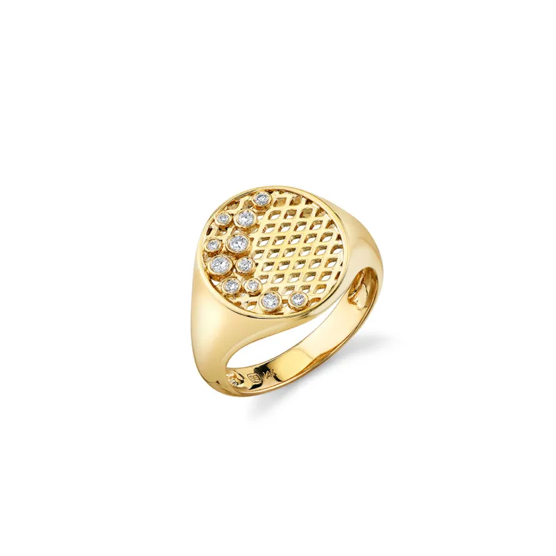 Gold & Diamond Oval Fishnet Signet Ring made by Sydney Evan