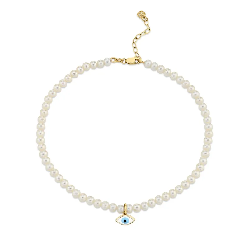 Gold & Enamel Eye Pearl Anklet made by Sydney Evan