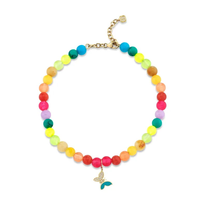 Gold & Diamond Tiny Butterfly Rainbow Jade Anklet made by Sydney Evan