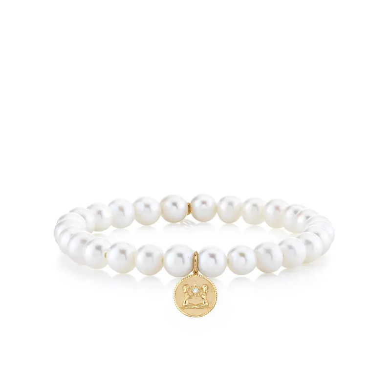 Gold & Diamond Gemini Zodiac Medallion on Pearls made by Sydney Evan