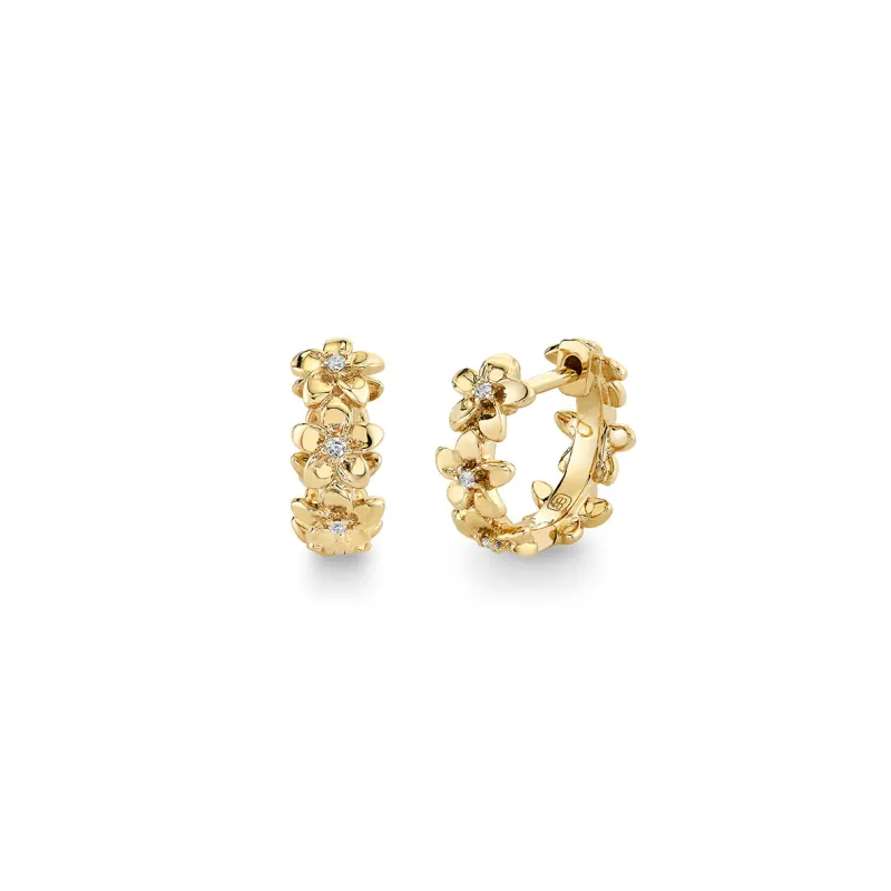 Gold & Diamond Tiny Plumeria Huggie Hoops made by Sydney Evan