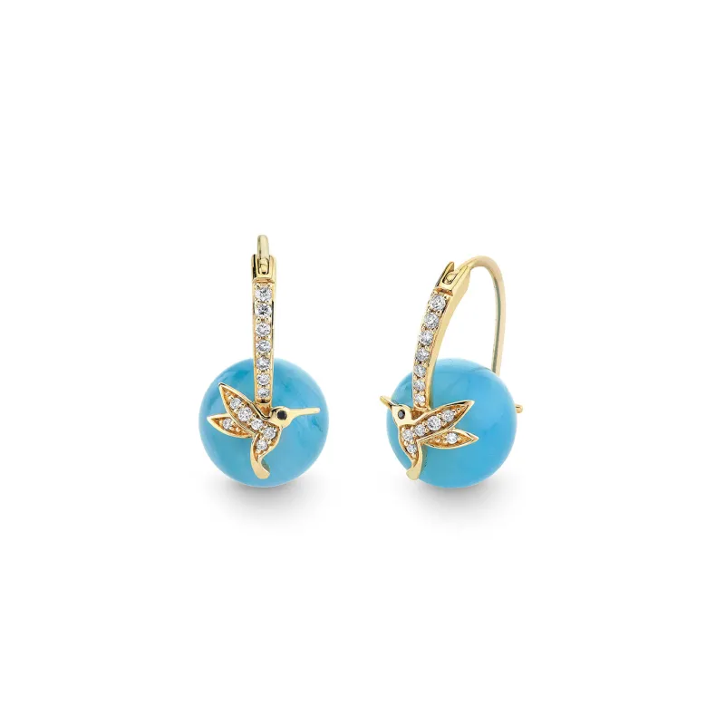 Gold & Diamond Hummingbird Aquamarine Earrings made by Sydney Evan