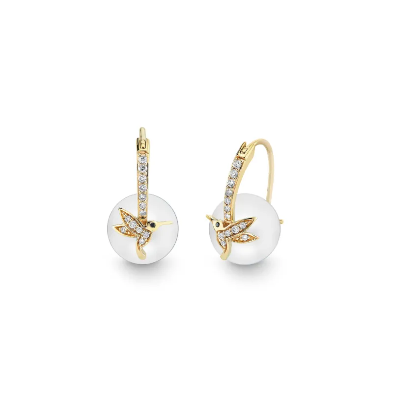 Gold & Diamond Hummingbird Pearl Earrings made by Sydney Evan
