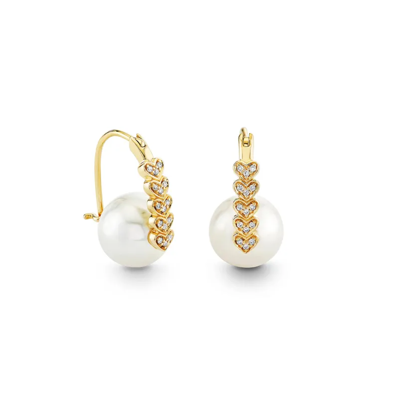 Gold & Diamond Heart Pearl Earrings made by Sydney Evan