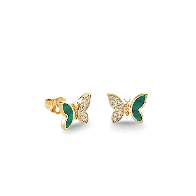 Gold & Diamond Tiny Butterfly Malachite Stud made by Sydney Evan