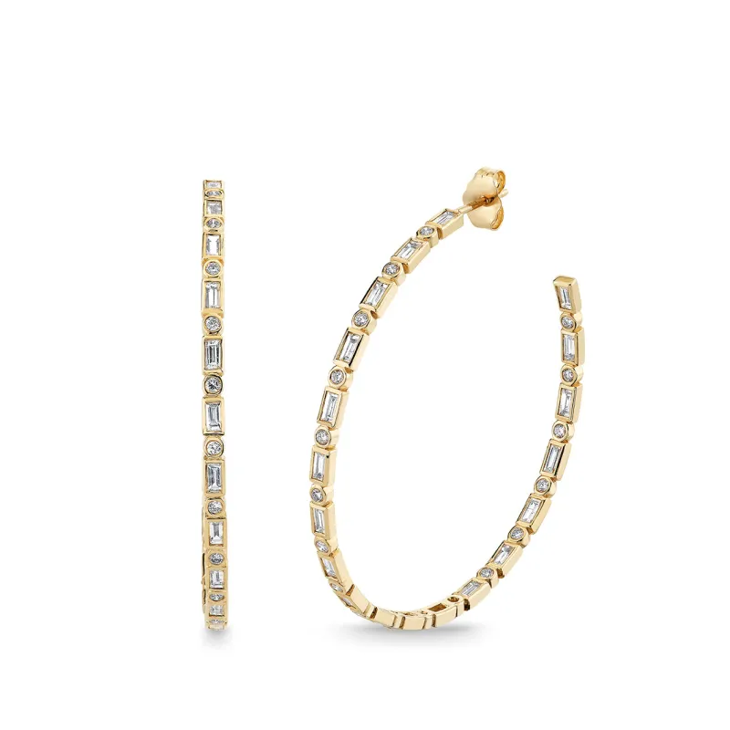 Gold & Diamond Bezel & Baguette Large Hoops made by Sydney Evan
