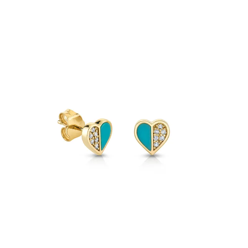 Gold & Diamond Heart With Stone Inlay Stud made by Sydney Evan
