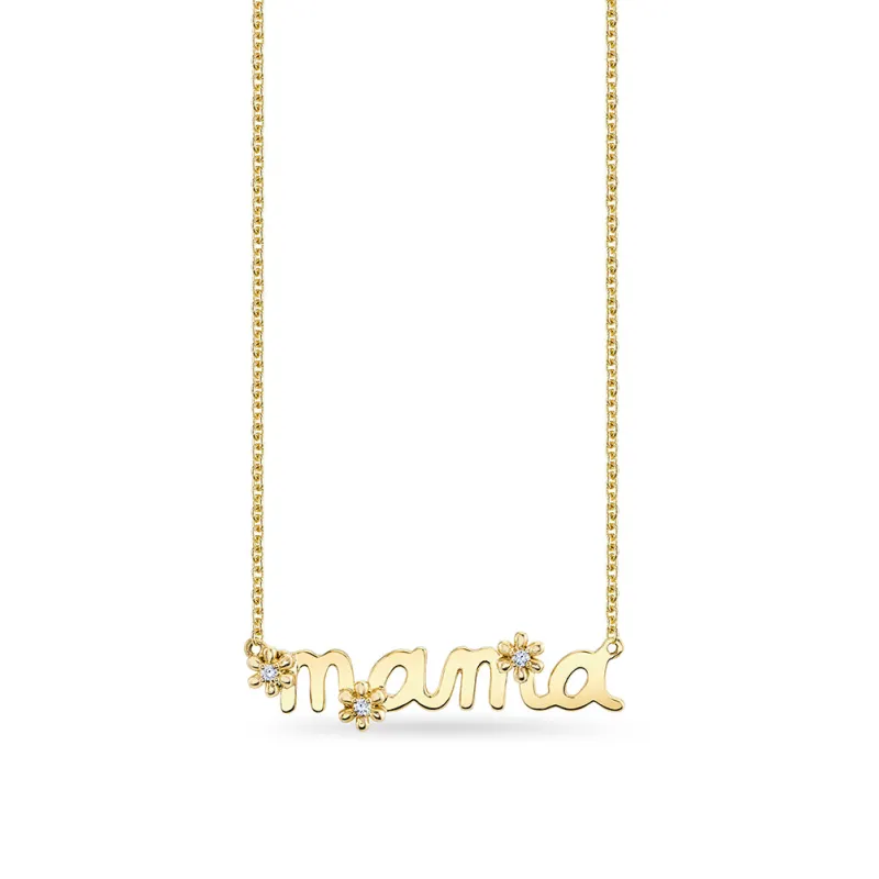 Gold & Diamond Small Mama Script Tiny Daisy Necklace made by Sydney Evan