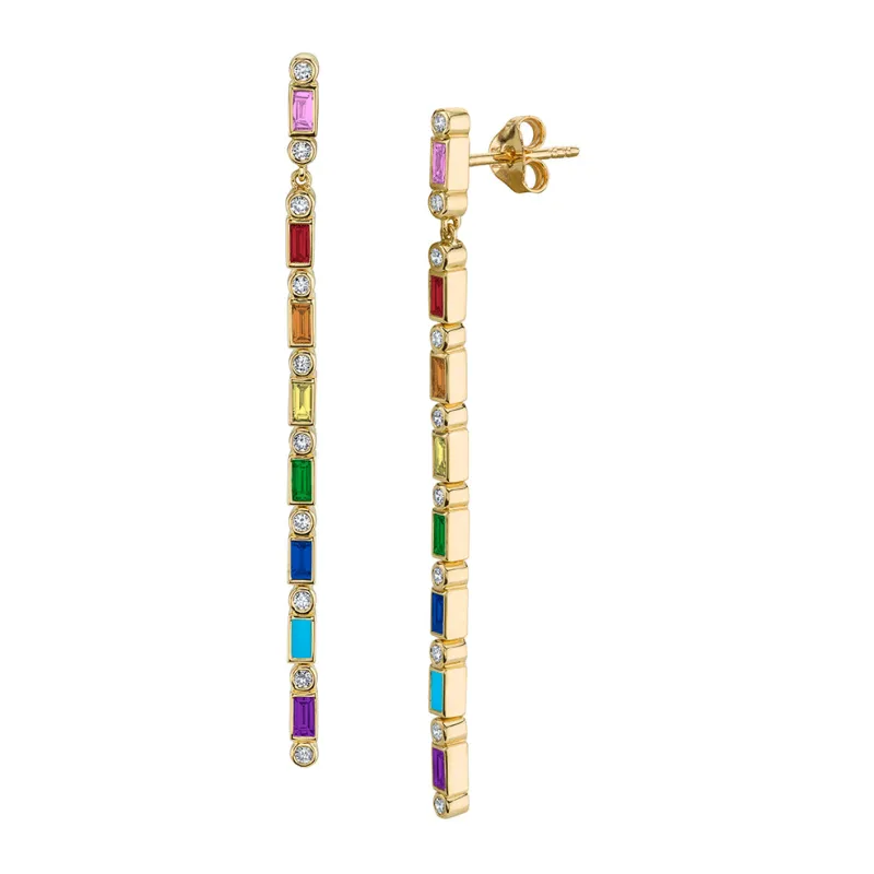 Gold & Rainbow Baguette & Bezel Drop Earrings made by Sydney Evan