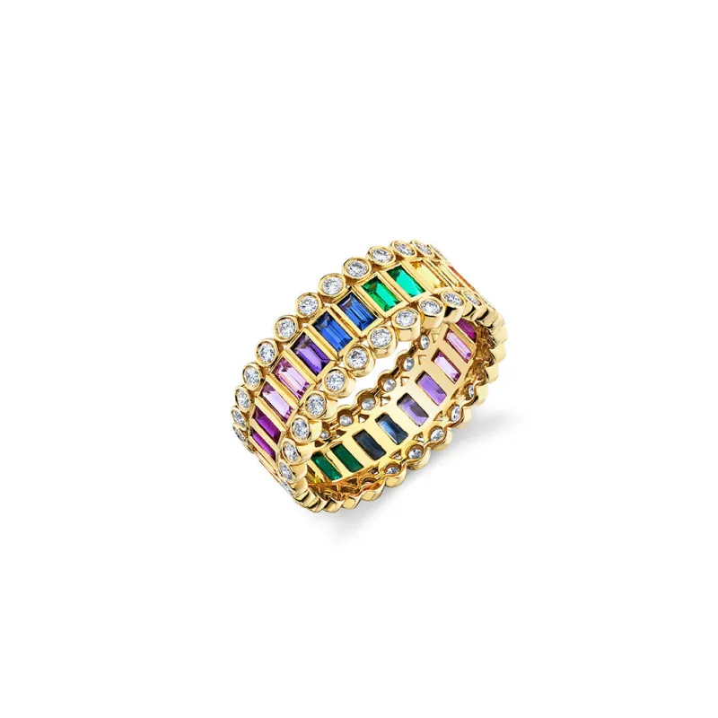 Gold & Rainbow Baguette & Round Bezel Stacked Eternity Ring made by Sydney Evan