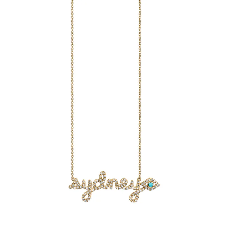 Gold & Diamond Small Custom Script Eye Icon Necklace made by Sydney Evan