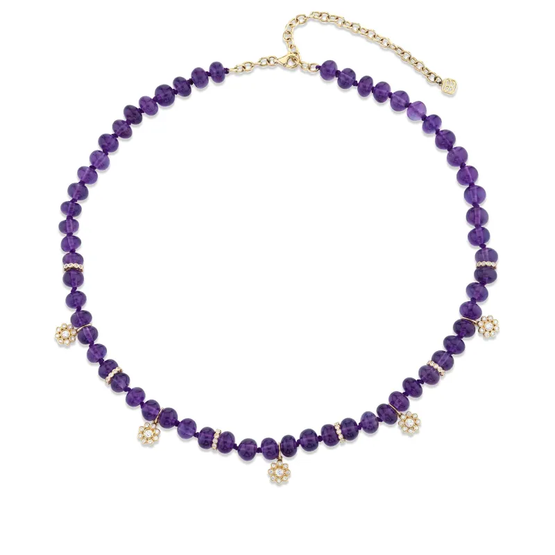 Gold & Diamond Multi Flowers & Rondelles Amethyst Necklace made by Sydney Evan
