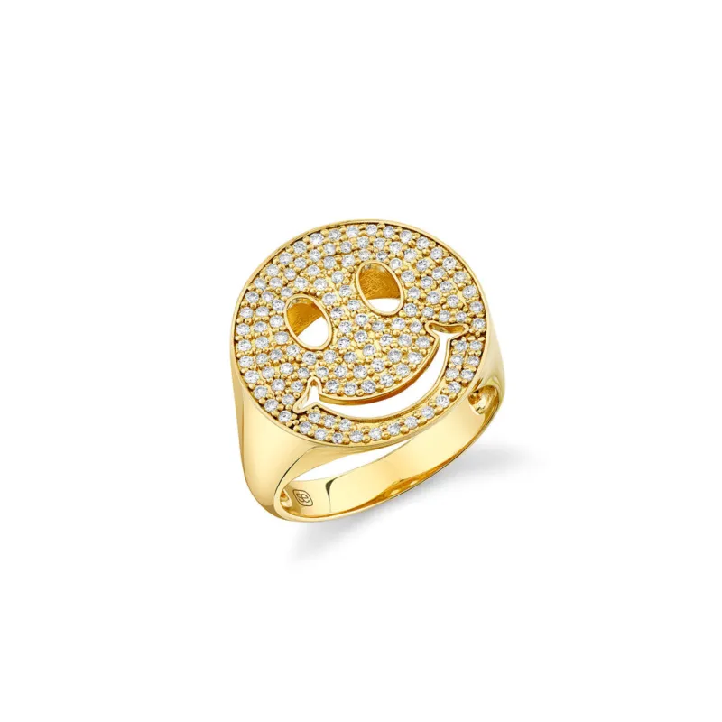 Gold & Diamond Large Happy Face Signet Ring made by Sydney Evan