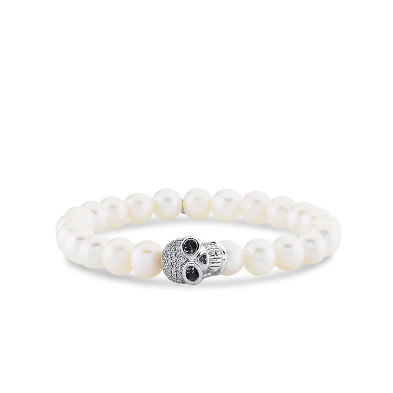 Men's Collection Gold & Diamond Large Skull Bead on Pearl made by Sydney Evan