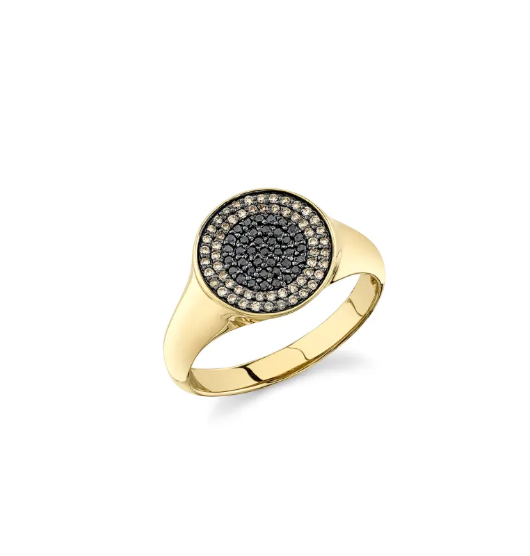 Men's Collection Gold & Black Diamond Eye Disc Medallion Signet Ring made by Sydney Evan
