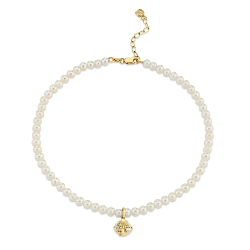 Gold & Diamond Clam Shell Anklet on Fresh Water Pearls made by Sydney Evan