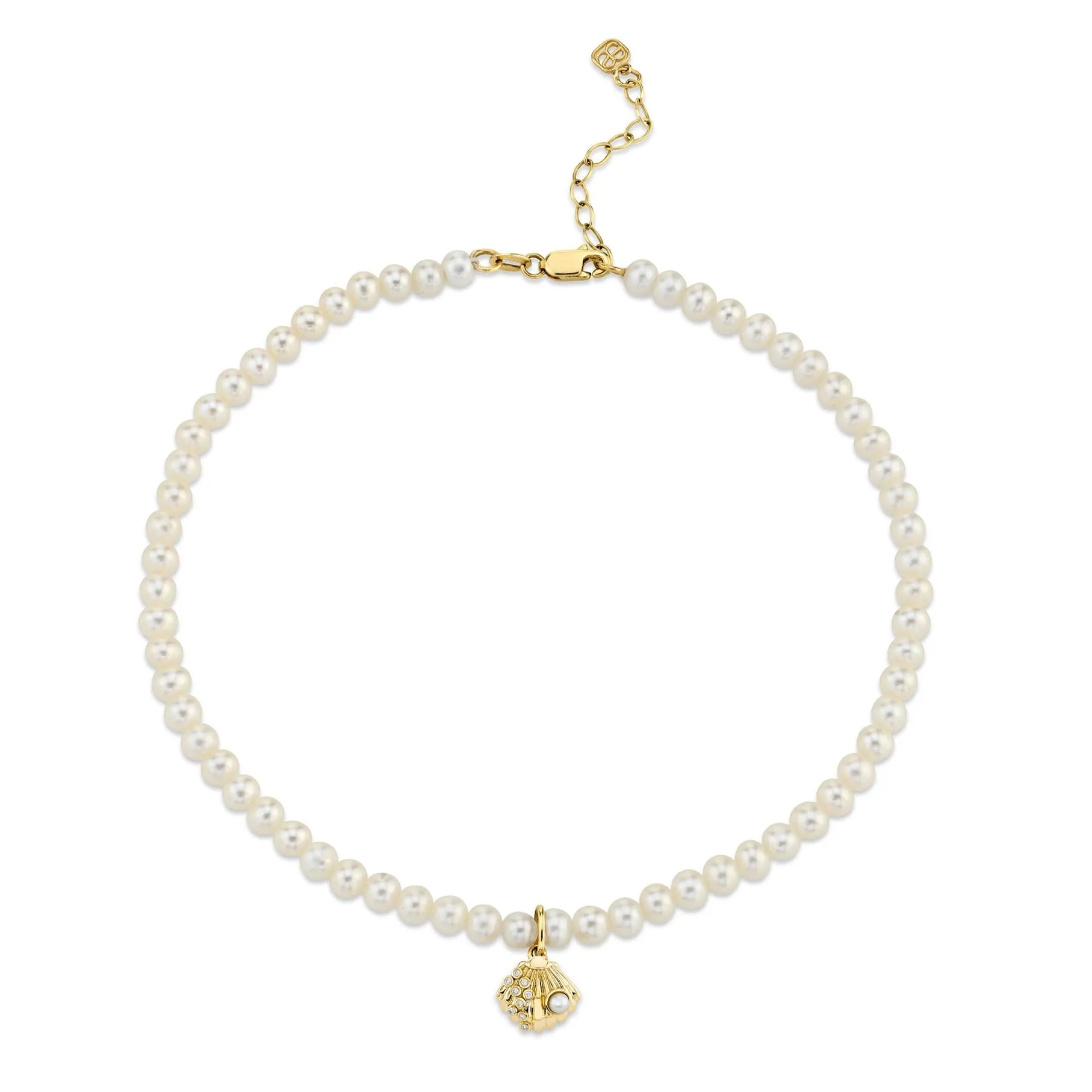 Gold & Diamond Clam Shell Anklet on Fresh Water Pearls sold by Sydney Evan