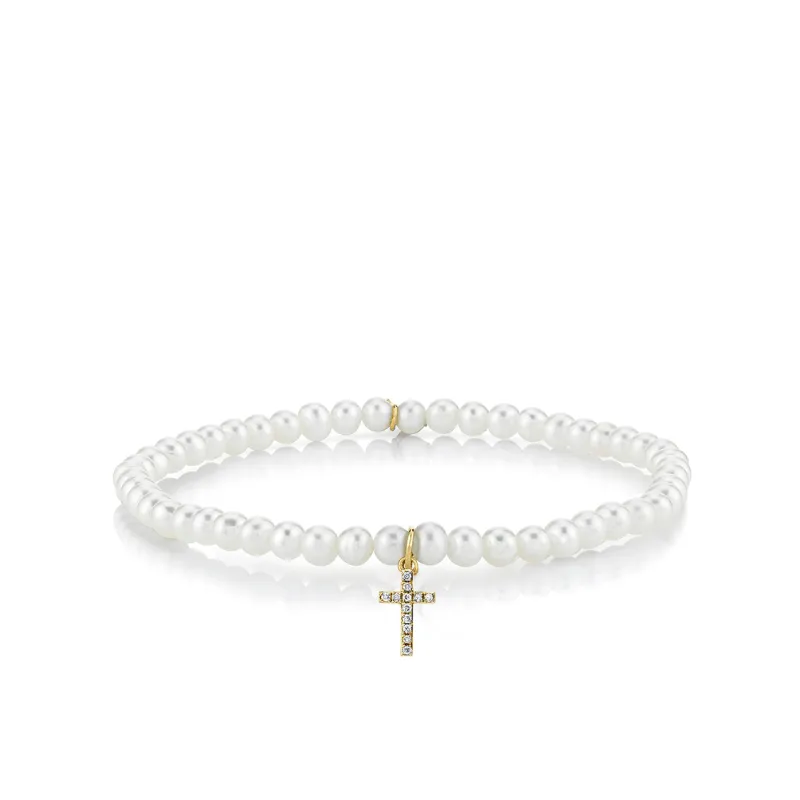 Gold & Diamond Cross on Pearls made by Sydney Evan