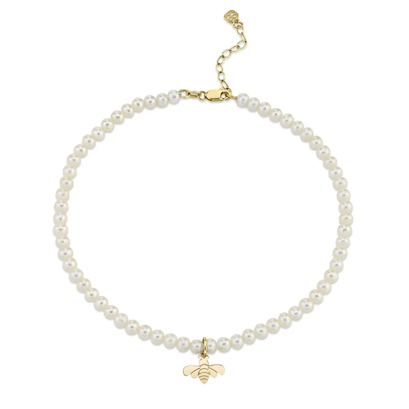 Pure Gold Tiny Bee Anklet on Fresh Water Pearls made by Sydney Evan