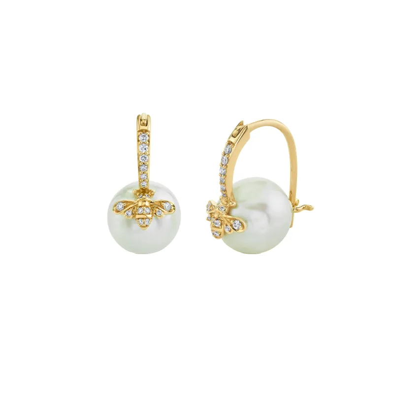 Gold & Diamond Bee Pearl Earrings made by Sydney Evan