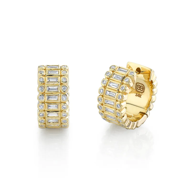 Gold & Diamond Stacked Baguette & Round Bezel Hoops made by Sydney Evan