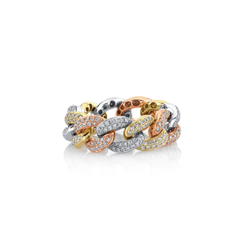 Tri-Tone Gold & Pave Diamond Link Ring made by Sydney Evan