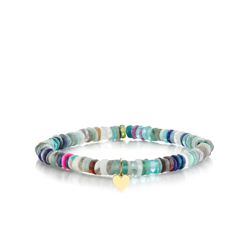 Pure Gold Tiny Heart on Rainbow Heishi made by Sydney Evan