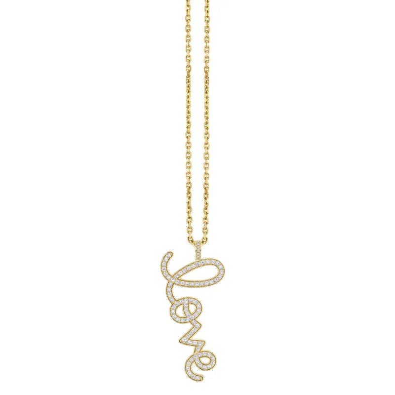 Gold & Diamond Extra Large Love Script Charm Necklace made by Sydney Evan