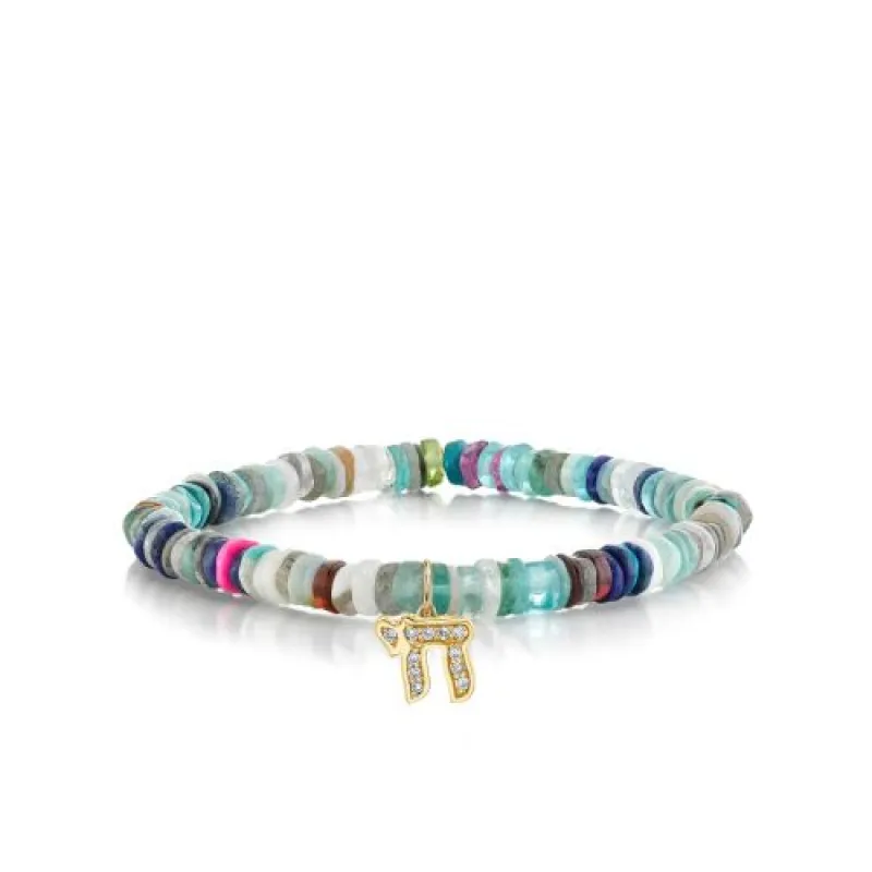 Gold & Diamond Small Chai on Rainbow Heishi made by Sydney Evan