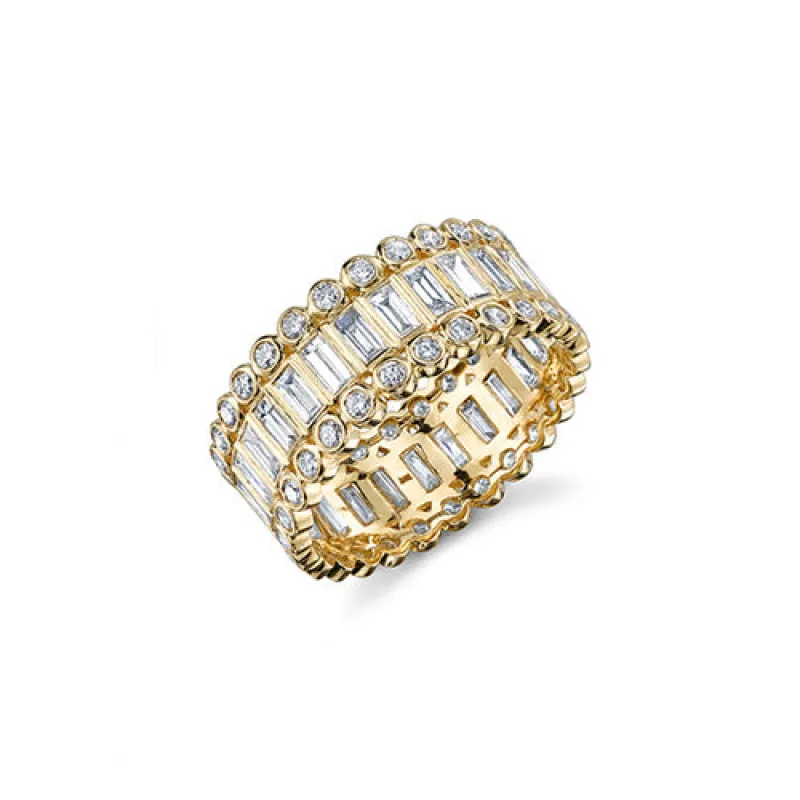 Gold Baguette & Round Bezel Diamond Stacked Eternity Ring made by Sydney Evan
