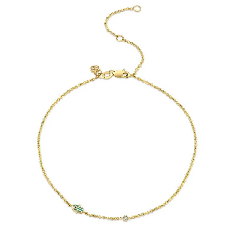 Gold & Enamel Mini Hamsa Anklet made by Sydney Evan