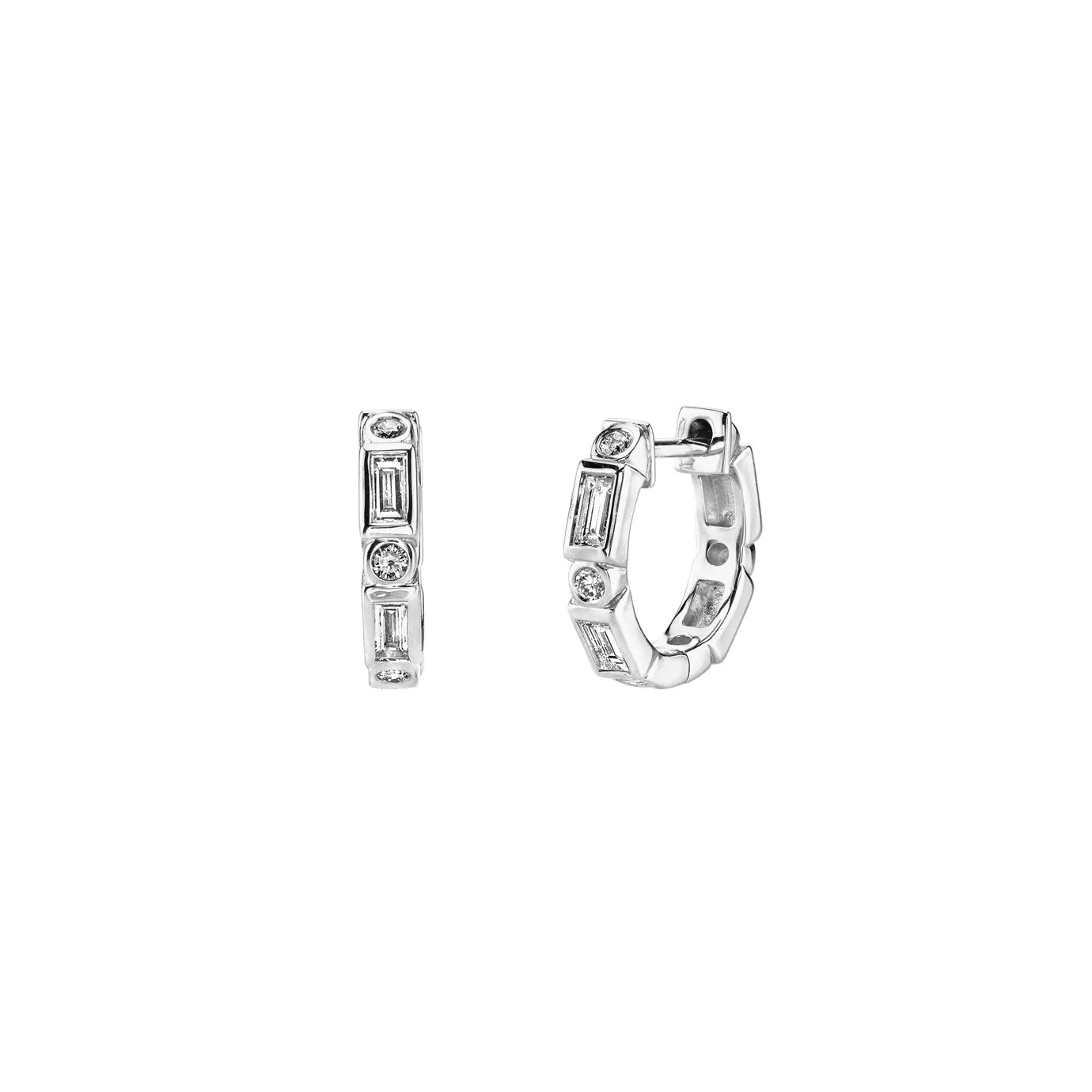 Gold & Diamond Baguette and Round Bezel Huggie Hoops sold by Sydney Evan product image thumbnail 3
