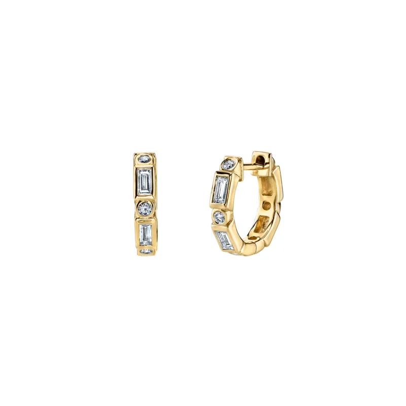 Gold & Diamond Baguette and Round Bezel Huggie Hoops made by Sydney Evan