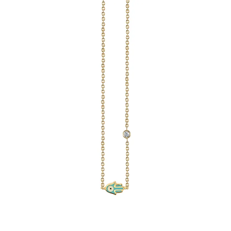 Gold & Turquoise Mini Enamel Hamsa Necklace with Bezel Set Diamond made by Sydney Evan