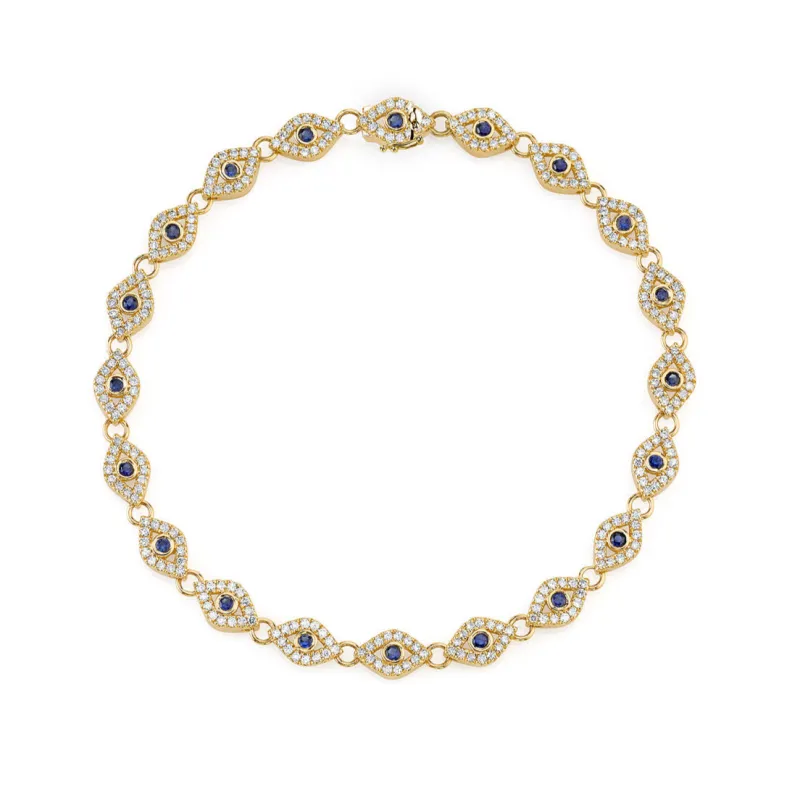 Gold & Diamond Small Bezel Eye Link Bracelet with Blue Sapphire made by Sydney Evan