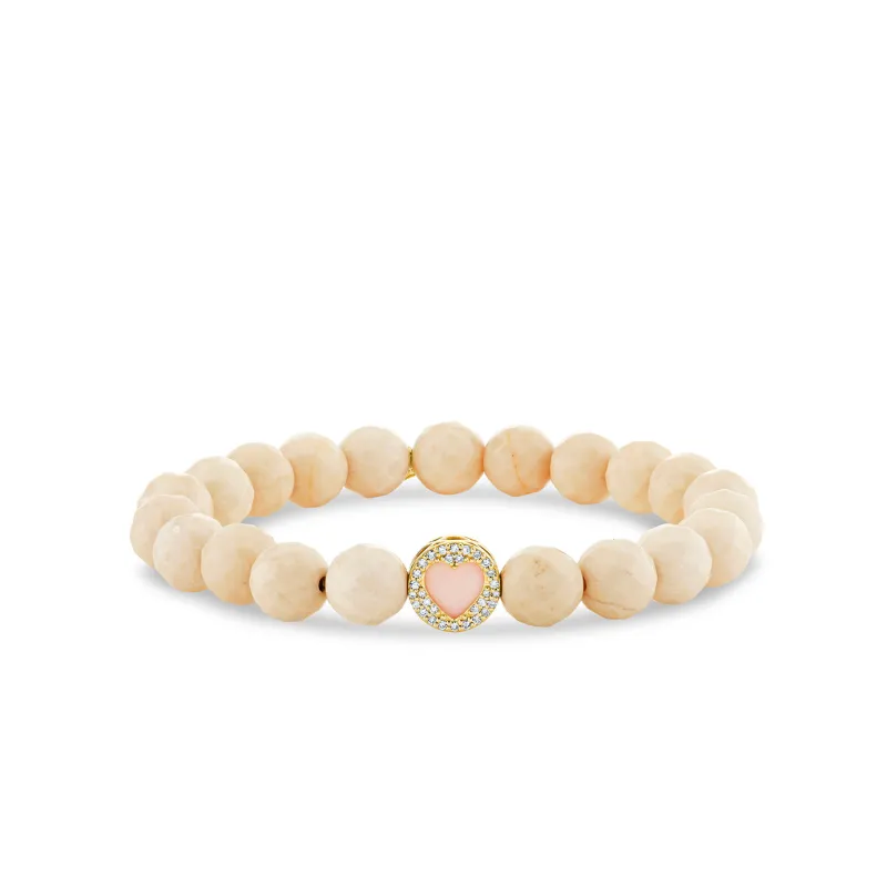 Gold & Diamond Mother of Pearl Pave Stone Inlay Heart Icon Bead on Cream Jasper made by Sydney Evan
