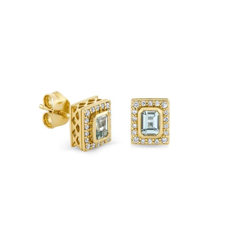 Gold & Diamond Aquamarine Pave Bezel Eye Mounting Emerald Cut Stud made by Sydney Evan