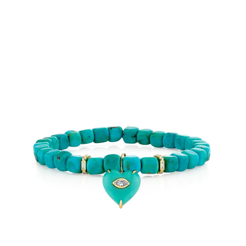 Gold & Diamond Square Rondelle and Heart on Turquoise Matrix Cube Beaded Bracelet made by Sydney Evan